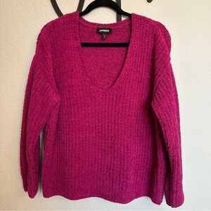 Express small fuchsia oversized knit v-neck sweater